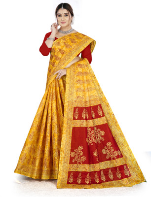 Padmavati Printed Sambalpuri Cotton Blend Saree(Yellow)