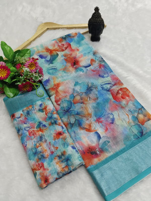 Gajal Printed Kanjivaram Pure Cotton, Cotton Linen Saree(Blue)