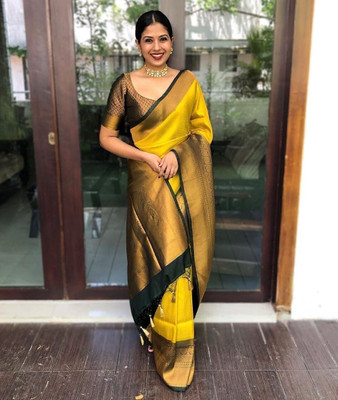 Prutha Fashions Self Design, Woven Banarasi Silk Blend Saree(Yellow)