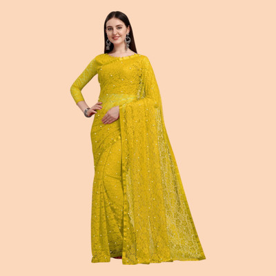 nexxxa Self Design Bollywood Net Saree(Yellow)