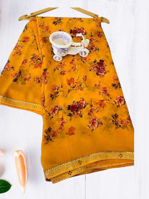 Majisasari Floral Print Bandhani Chiffon Saree(Yellow)