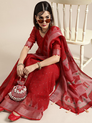 Sareemall Printed Tant Linen Saree(Red)
