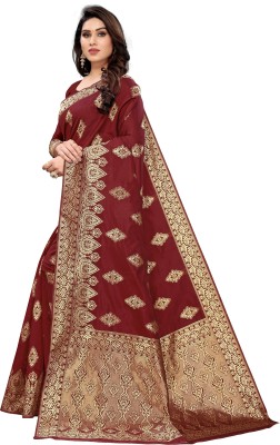 Pdfabrics Embellished Banarasi Cotton Silk Saree(Maroon)