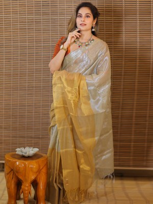 Sareemall Solid/Plain Kasavu Tissue Saree(Beige)