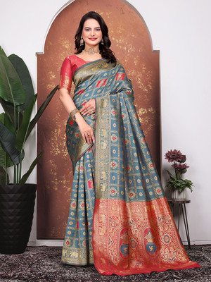 Kanooda Prints Embellished Banarasi Silk Blend Saree(Grey)