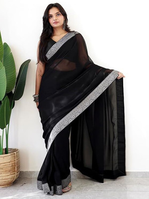 MM VENTURE Solid/Plain Bollywood Georgette Saree(Black)
