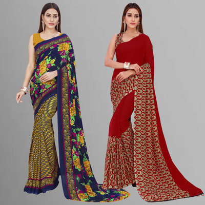Anand Sarees Floral Print Daily Wear Georgette Saree(Pack of 2, Yellow, Blue, Multicolor)