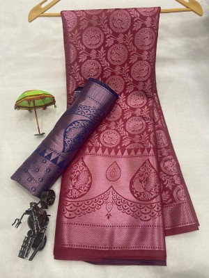 Gajal Printed Kanjivaram Pure Silk, Art Silk Saree(Maroon, Blue)