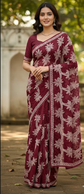 RIDDHI Embroidered Lucknow Chikankari Georgette Saree(Purple)