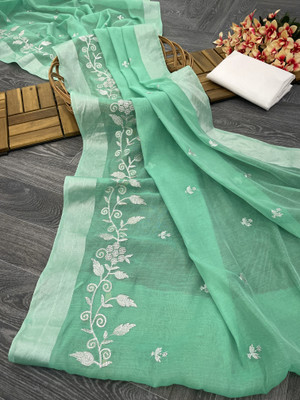 GLOWMOROUS Embroidered Chanderi Chanderi Saree(Light Green)