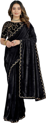 Julee Solid/Plain Bollywood Velvet Saree(Black)