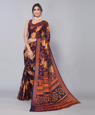 YASHIKA Floral Print Bollywood Chiffon, Brasso Saree(Dark Blue)