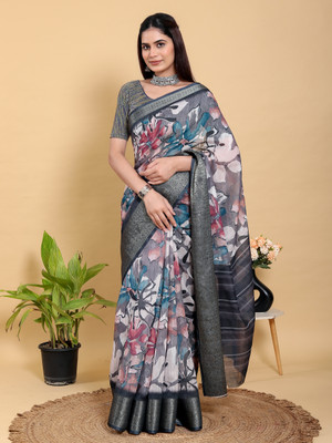DHANLAXMISAREE Printed Kalamkari Linen Saree(Multicolor)