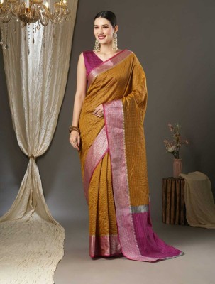 JK ETHNIC WEAR Embellished, Striped, Woven Daily Wear Chanderi, Cotton Silk Saree(Mustard, Pink)