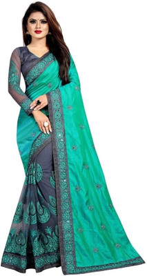 VKARAN Embroidered Saree with Attached Blouse Net Saree(Green)