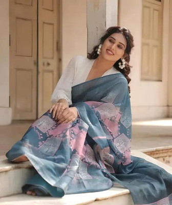 SVB Sarees Digital Print Bollywood Cotton Linen Saree(Multicolor)