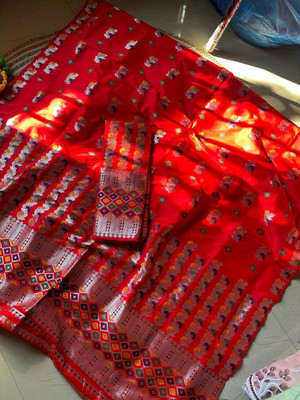 Ramani brothers Woven Mekhela Chador Pure Silk Saree(Red)