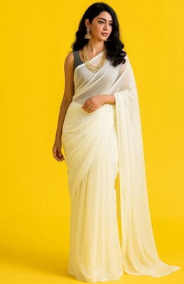 Queenchoice Solid/Plain Bollywood Georgette, Chiffon Saree(White)