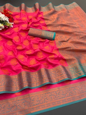 RUHKURSH Woven Banarasi Silk Blend Saree(Pink)