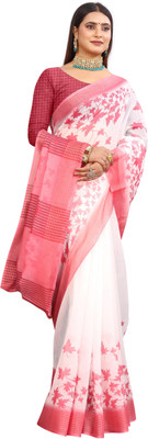 M MAANVIT Floral Print Kanjivaram Pure Cotton, Cotton Linen Saree(White, Pink)