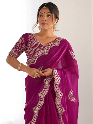 Satrani Embellished, Embroidered Bollywood Organza Saree(Pink)