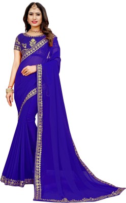 SAREEFLAME Embroidered, Embellished, Self Design, Temple Border, Hand Painted, Solid/Plain, Woven Bollywood Pure Silk, Silk Blend Saree(Blue)