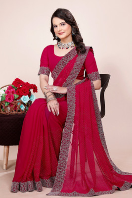 SAADHYA CREATION Embroidered, Solid/Plain Bollywood Georgette Saree(Maroon)