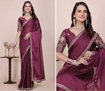 niesha fashion Embroidered, Solid/Plain Bollywood Chiffon Saree(Maroon)