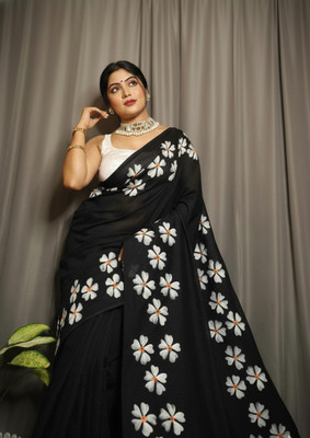 AKfasionN Digital Print Daily Wear Khadi Saree(Black)