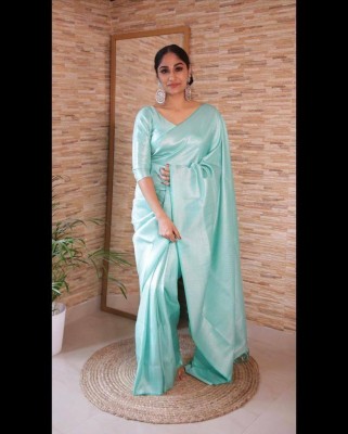 Anjaneya Sarees Striped Kanjivaram Silk Blend Saree(Light Blue)