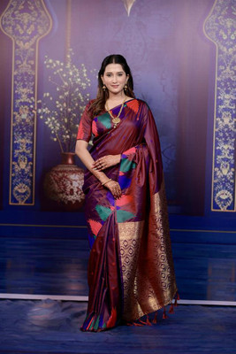 VIRDHI TEXTILE Geometric Print, Self Design Bollywood Silk Blend Saree(Maroon)