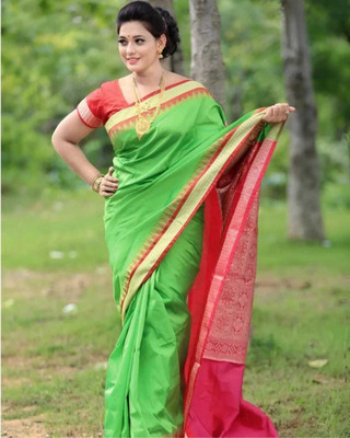 MHSareeDestination Solid/Plain, Temple Border Sambalpuri Pure Silk Saree(Blue)