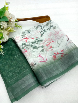 HangerStories Printed Kanjivaram Linen, Cotton Linen Saree(Green)