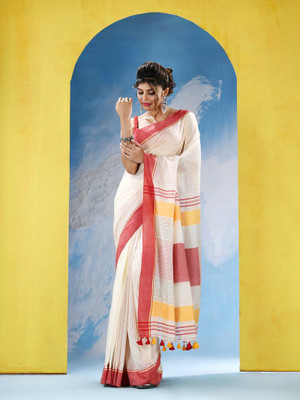 Mondal Hanloom Woven Saree with Attached Blouse Cotton Blend Saree(White)