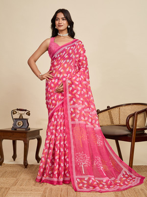 Tantvi Printed, Floral Print, Animal Print Handloom Cotton Linen Saree(Multicolor)