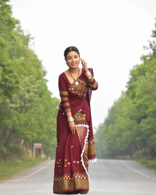 Canizzaro Woven Mekhela Chador Cotton Blend Saree(Maroon)