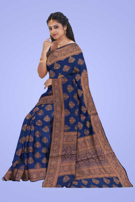 S Kart Printed Daily Wear Organza Saree(Blue, Brown)