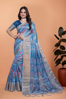 TRINETRA STUDIO Floral Print, Geometric Print, Printed Bollywood Silk Blend Saree(Blue, Multicolor)