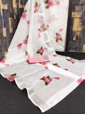 ASHTA Printed Kanjivaram Linen Saree(White, Pink)