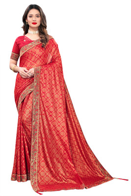 Gold Art Fashion Printed Bollywood Lycra Blend Saree(Red)