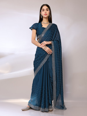 FABMORA Embellished Bollywood Satin Saree(Blue)