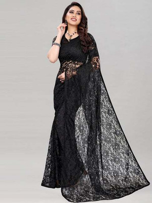 Vragi Self Design Bollywood Net Saree(Black)
