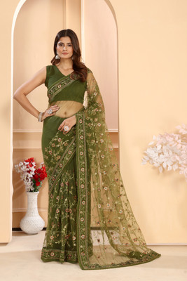 CHHELAJI Embroidered Bollywood Net Saree(Green)
