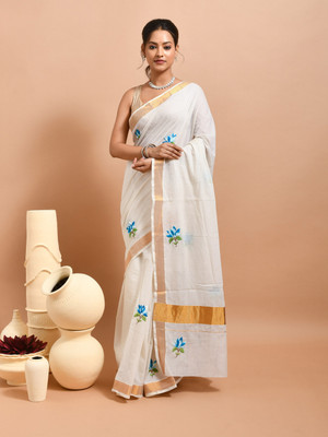 stotra Embroidered Kasavu Cotton Blend Saree(White)