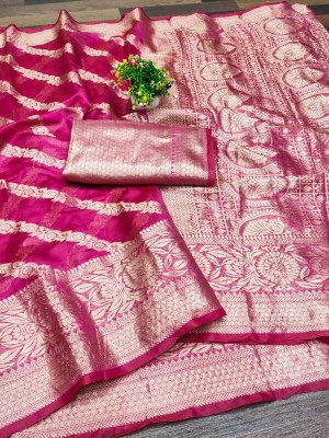 VIRDHI TEXTILE Printed, Self Design, Embellished, Woven, Animal Print, Blocked Printed Leheria Jacquard, Organza Saree(Pink)