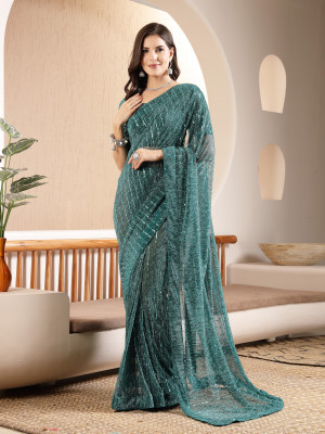 Stylum Self Design, Embellished Kantha Lycra Blend Saree(Green)