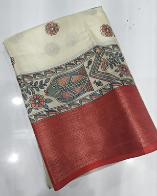 J6 Designers Printed Hand Batik Cotton Silk Saree(White)