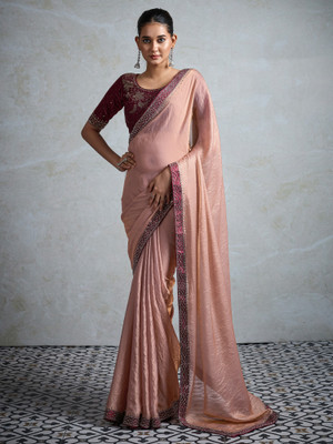 ANOUK Embellished, Solid/Plain Bollywood Satin Saree(Pink)