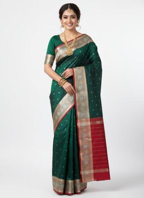 ANSARITRADERS Woven, Self Design Banarasi Handloom Cotton Silk Saree(Dark Green, Red)