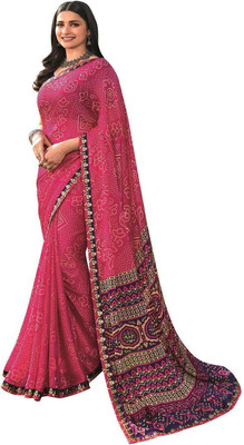 ROOP SUNDARI SAREES Printed Bandhani Pure Silk Saree(Pink, Blue)